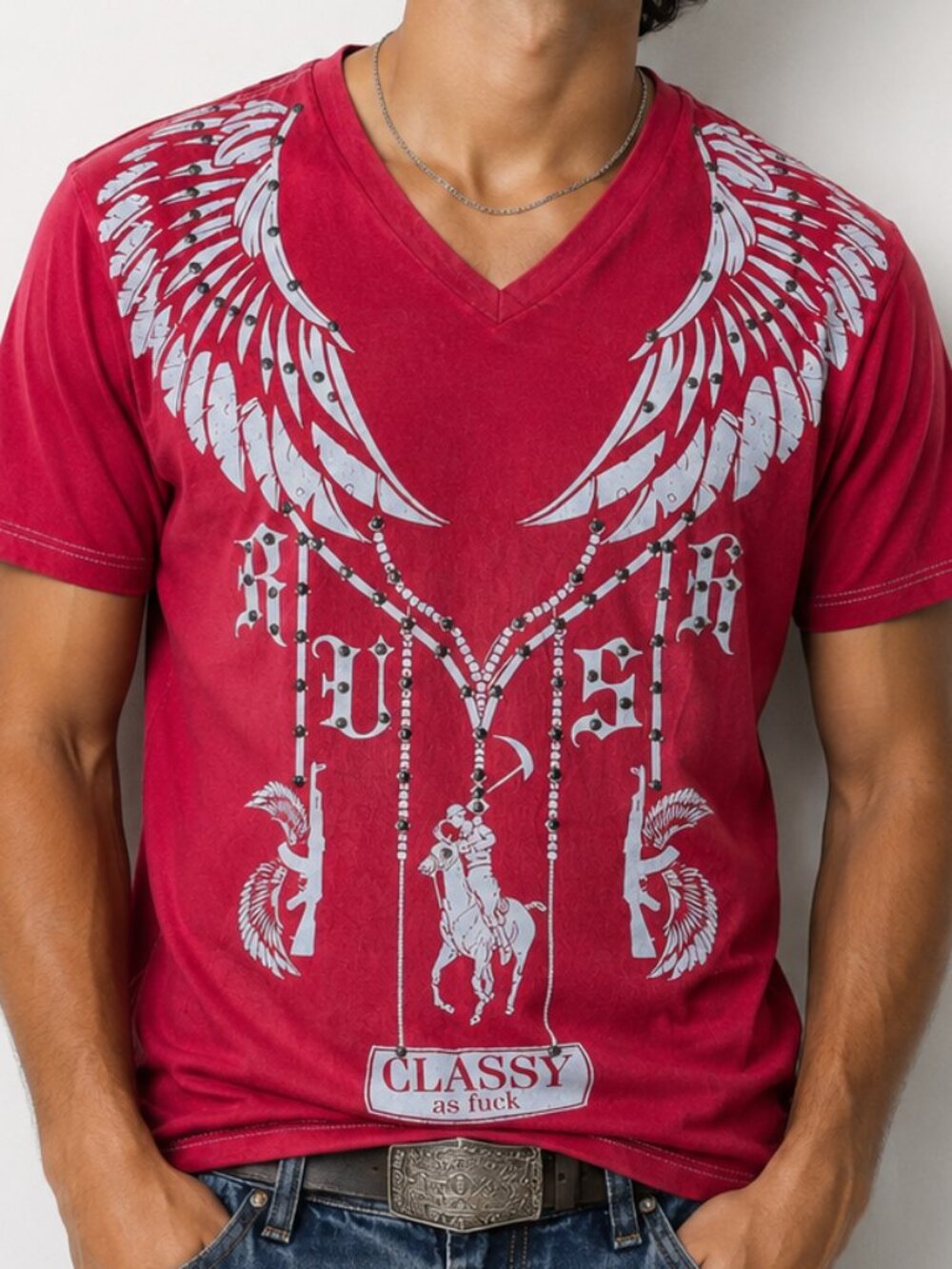 Rush Couture Men's Unisex V-neck Tee Shirt Red White Studded Size Large Graphic